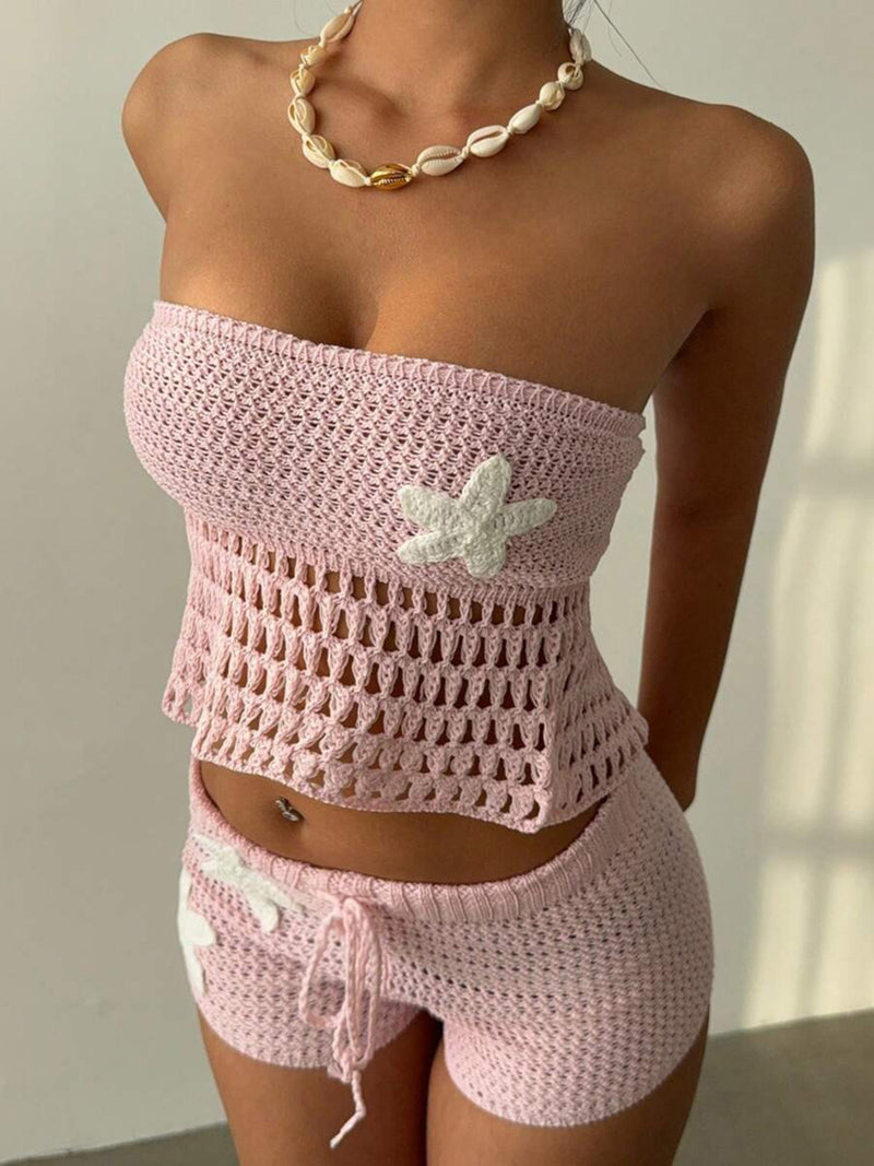 Crochet tube top and shorts sweater set front