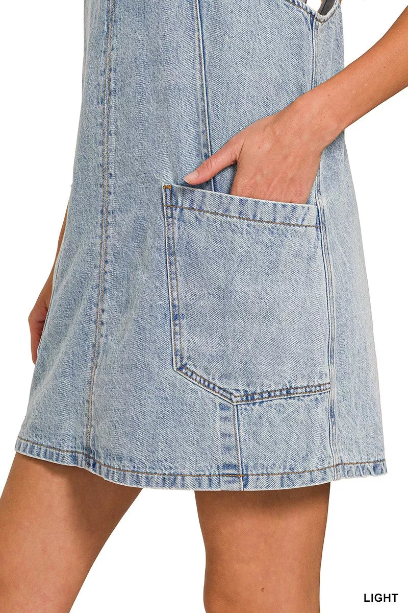 Zenana light wash denim overall dress front view
