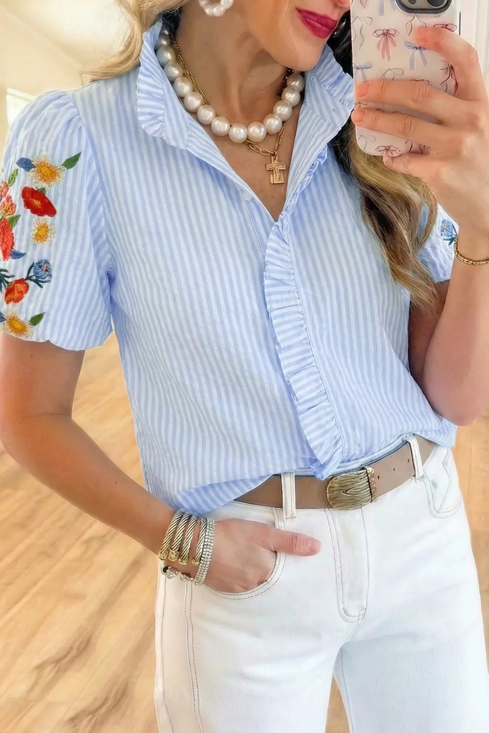Light blue striped floral embroidered puff sleeve shirt detail view