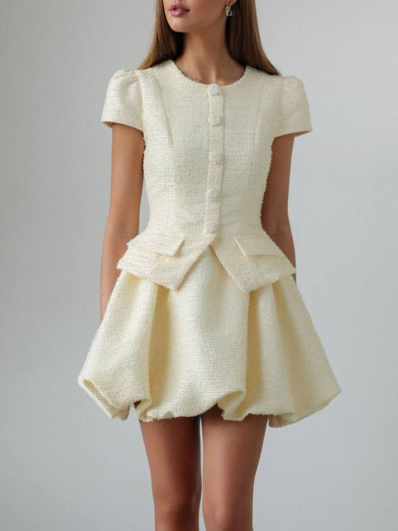 Cream button up top and bubble hem skirt set front view