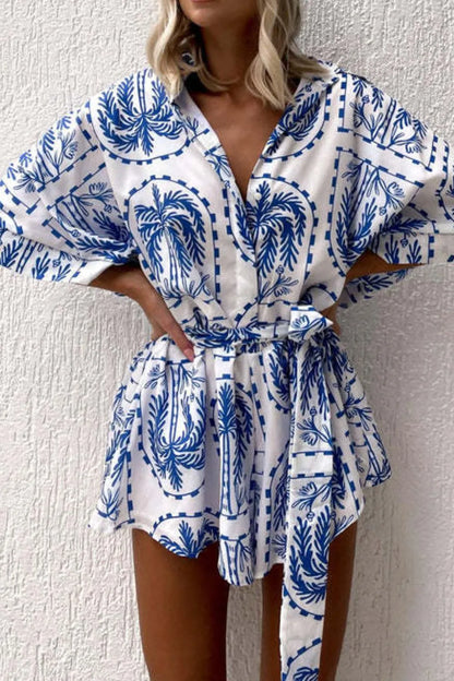 Printed Tie Waist Romper Light Blue - Fashorio