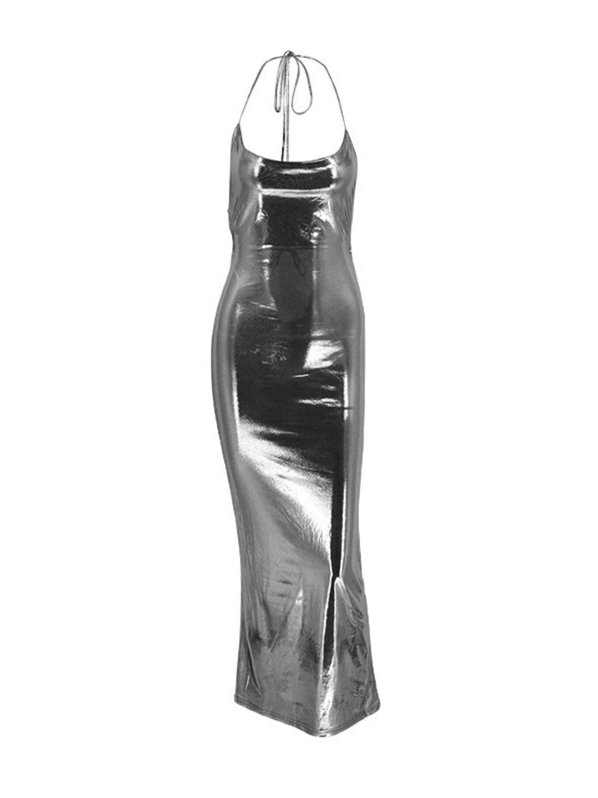 ruched halter neck maxi dress styled full length look