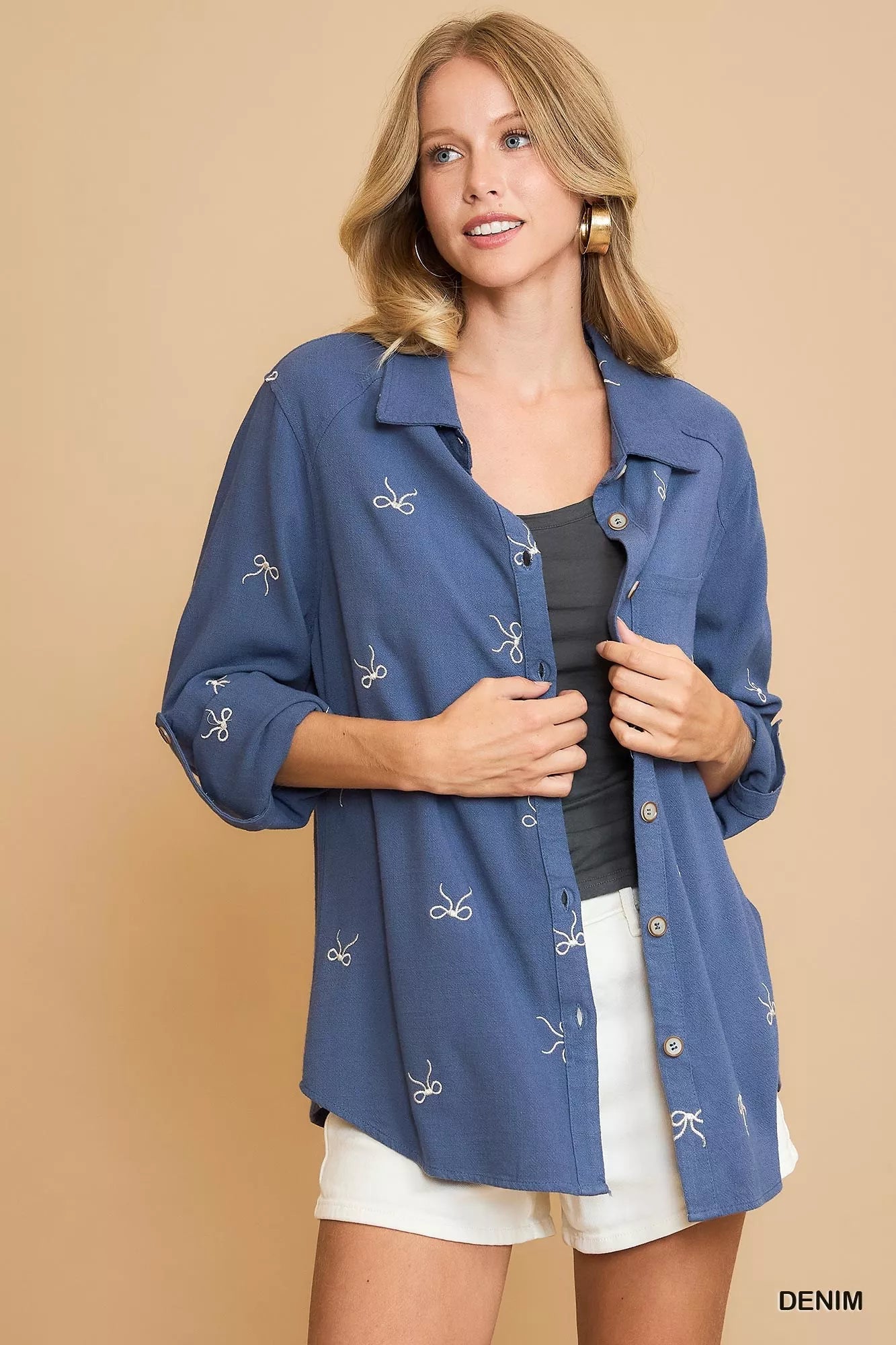 Umgee Linen Blend Fitted Shirt with Ribbon Embroidery Details - Fashorio