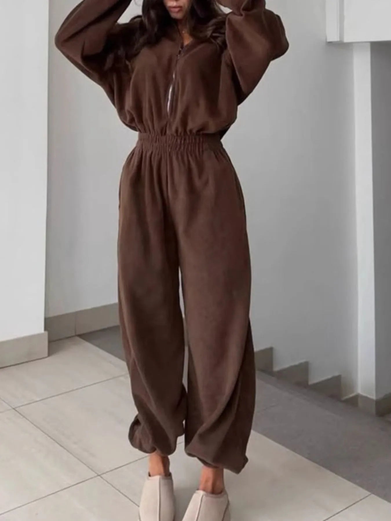 Zip Front Long Sleeve Jumpsuit - Fashorio