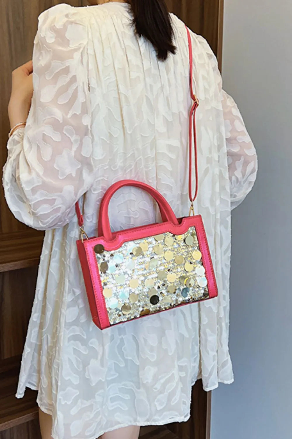 Faux Leather Sequin Handbag on model
