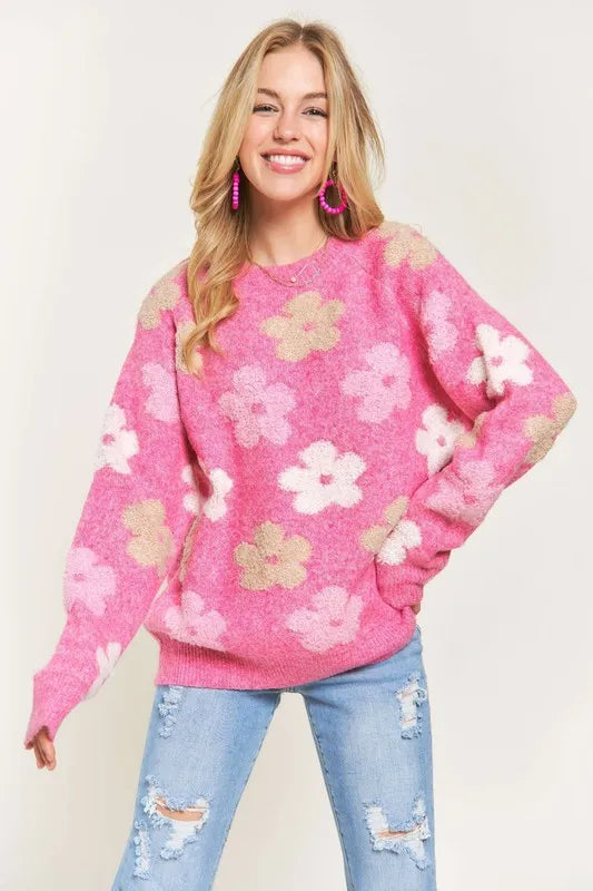 ADORA Full Size Floral Popped 2-Tone Sweater Top Plus Size - Fashorio