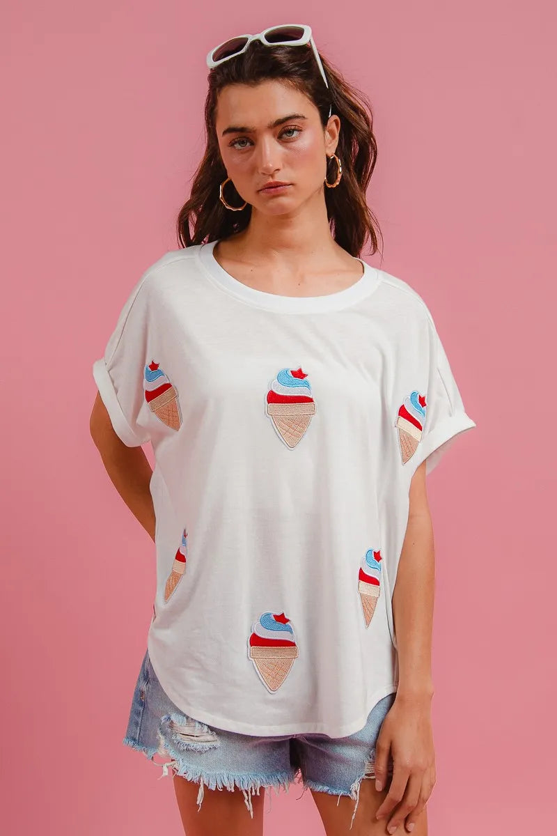 BiBi Solid Terry With Fourth Of July Theme Patched Top - Fashorio
