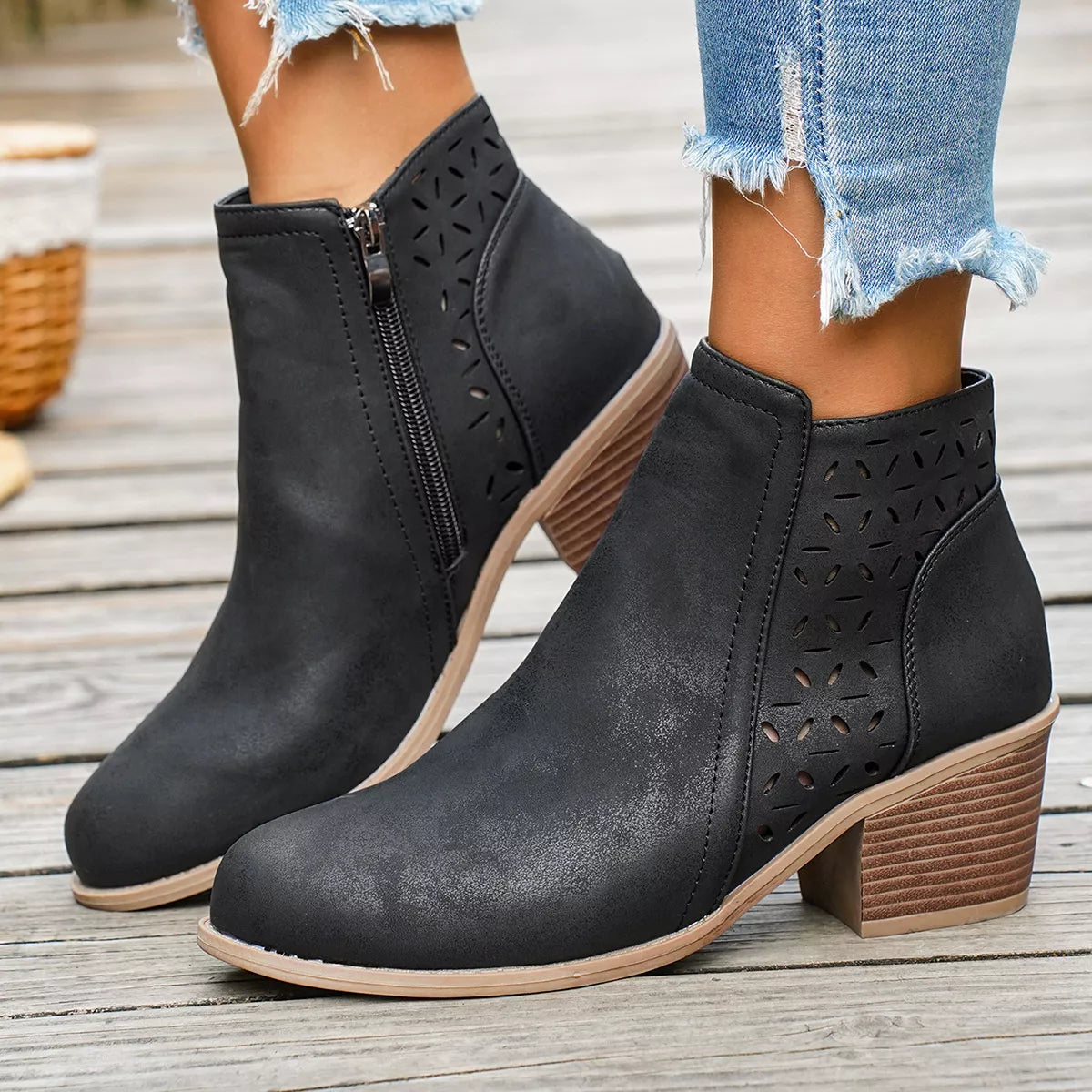 Round toe block heel boots in Brown, angled three quarter view