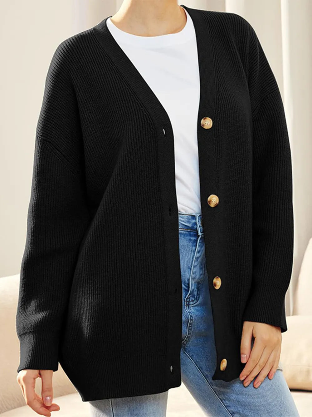 Button Down V-Neck Long Sleeve Cardigan - Fashorio