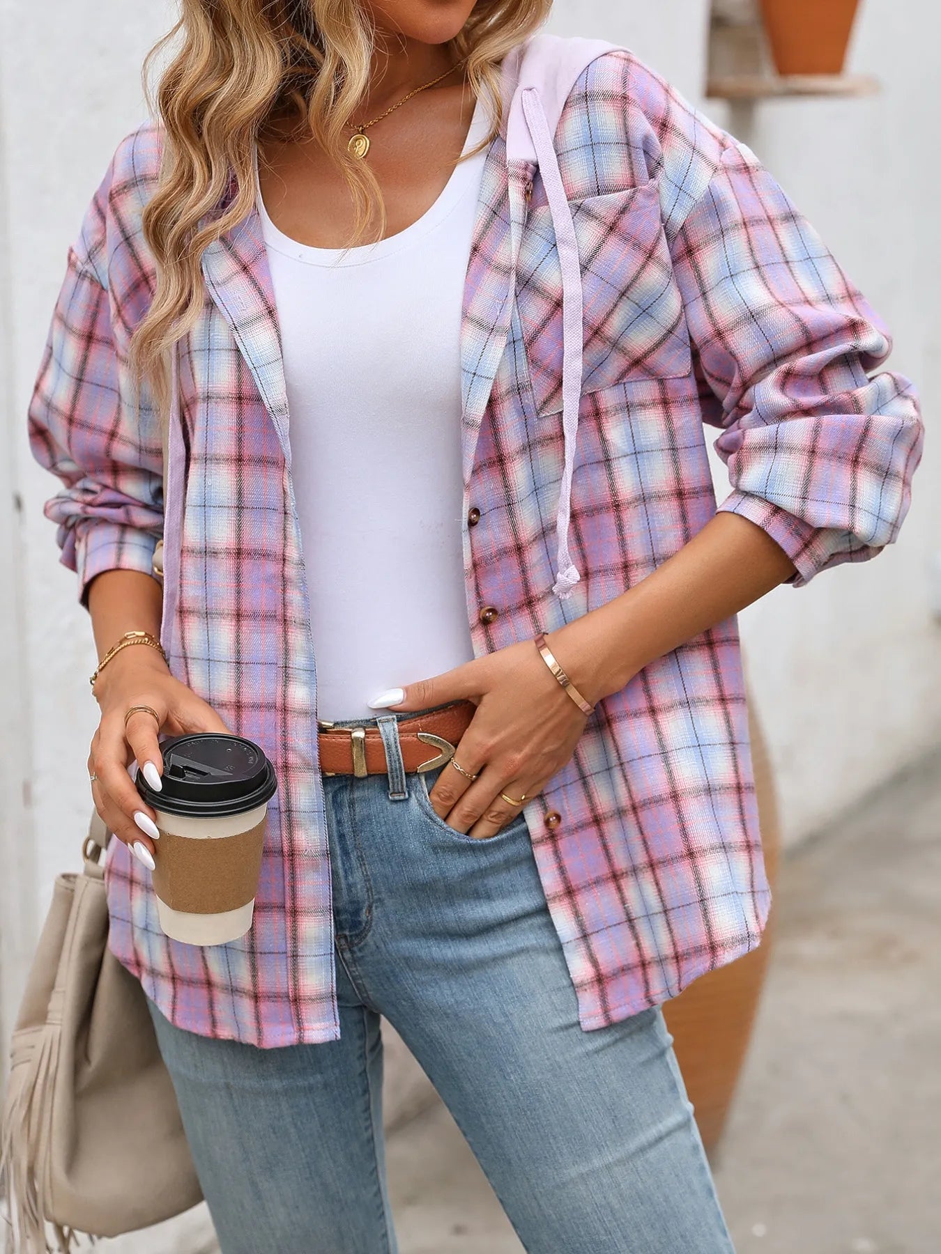 Plaid Button-Up Hooded Shirt - Fashorio
