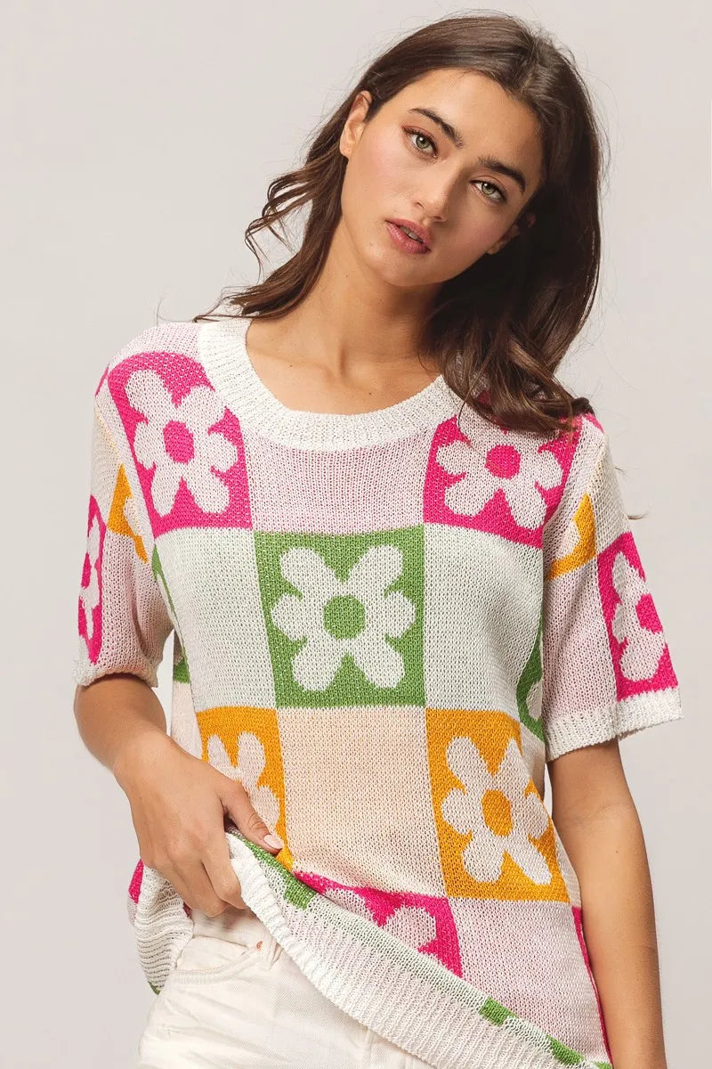 Floral Check Lightweight Sweater Top