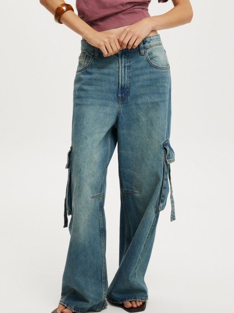 Vintage wash wide leg cargo jeans front view