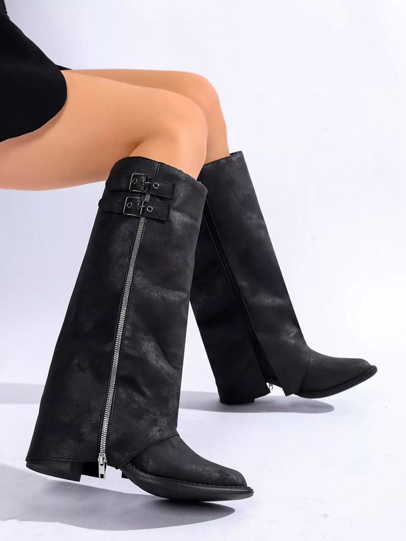 Pointed toe block heel boots front view