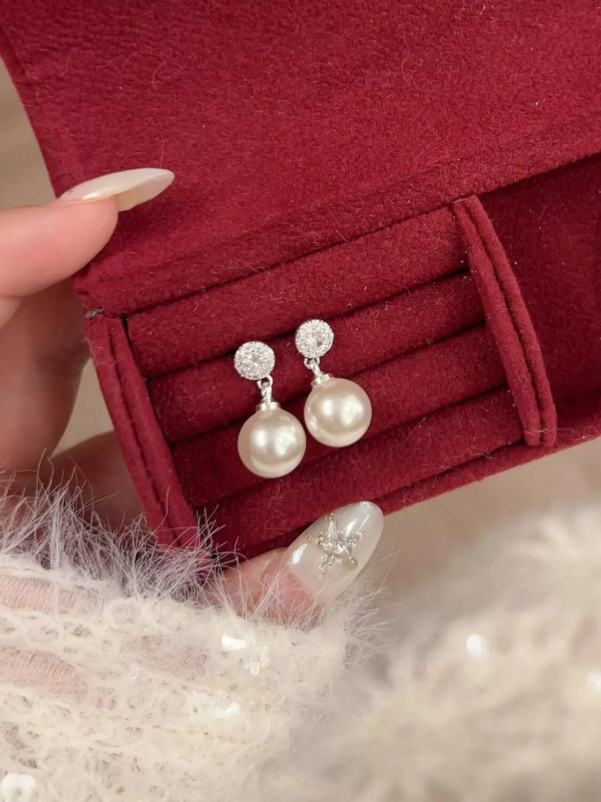 Cream pearl drop earrings zircon top detail