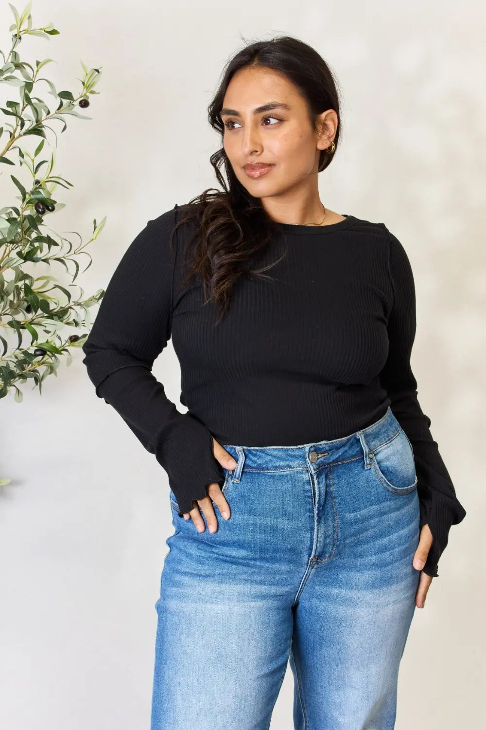 Back view of the round neck long sleeve top