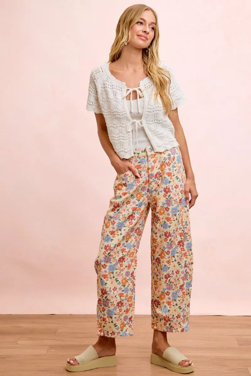 Detail of the delicate floral print on soft washed twill