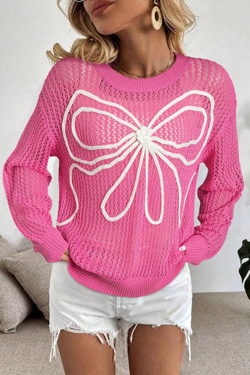 fuchsia pink openwork bow knit cover up top front view