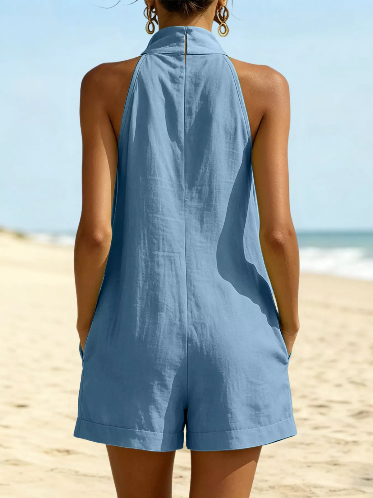 Halter neck romper with pockets side view