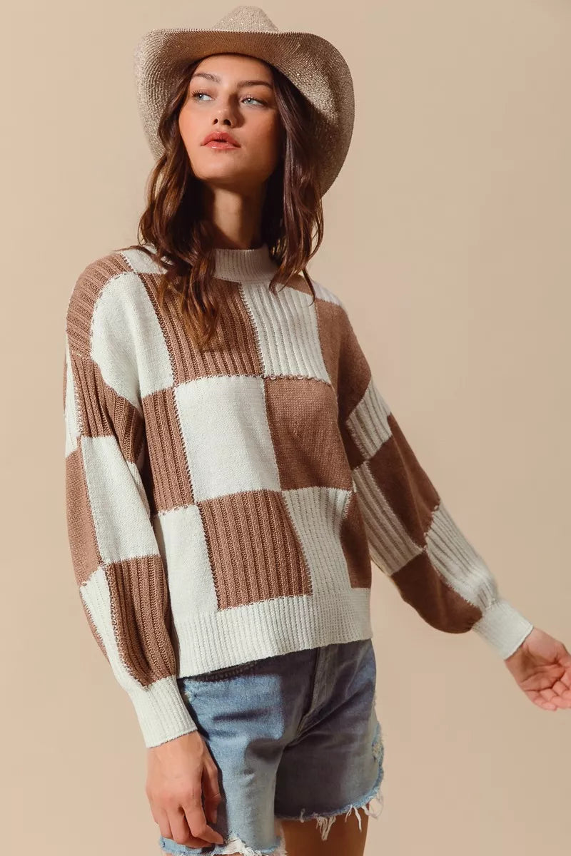 Ribbed Checkered Plaid Color Block Sweater in Coffee and Ivory side view