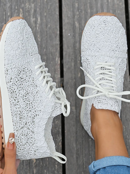 Mesh Lace Up Sneakers White - Fashorio