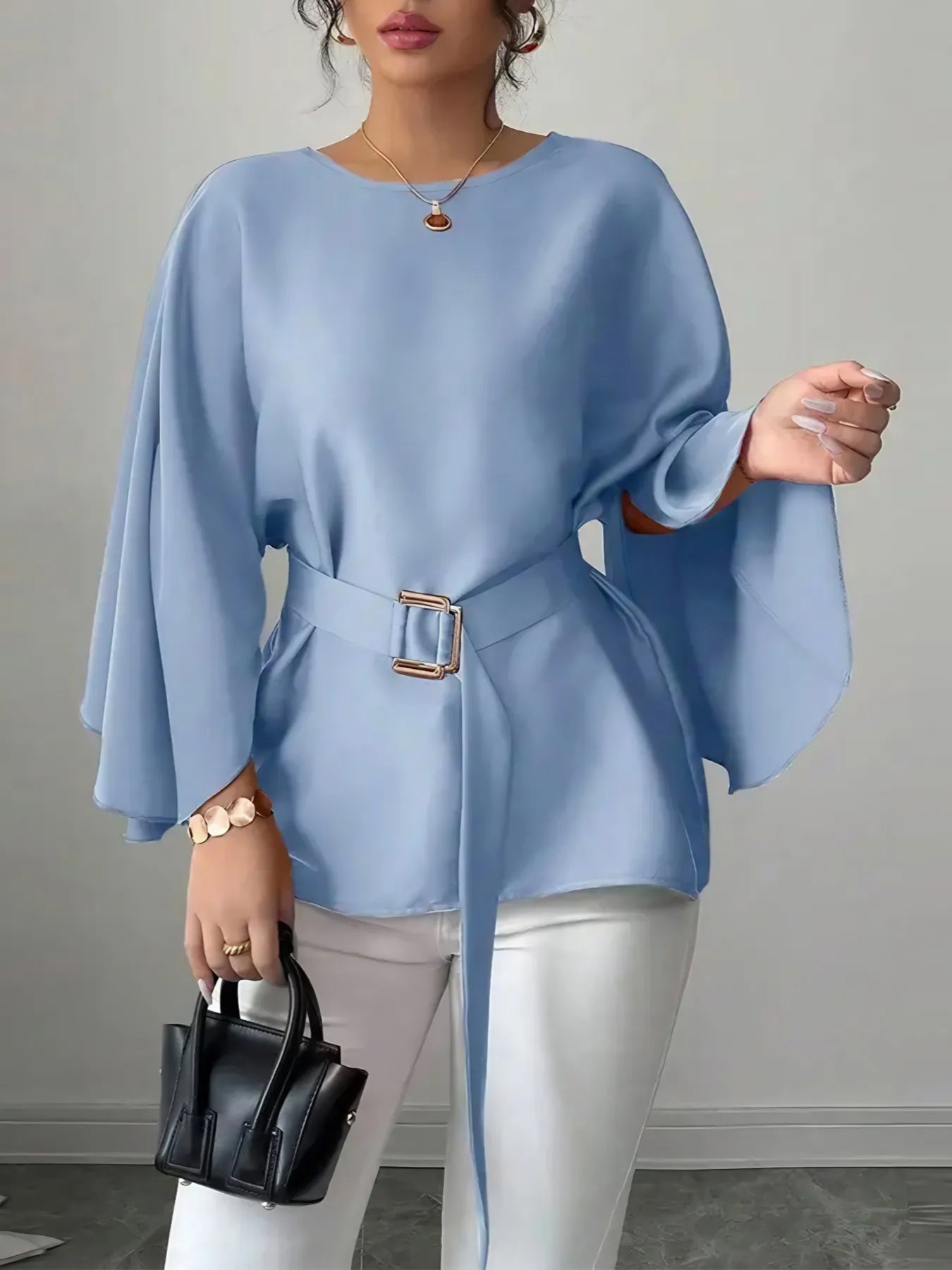 Belted Round Neck Flutter Sleeves Blouse - Fashorio