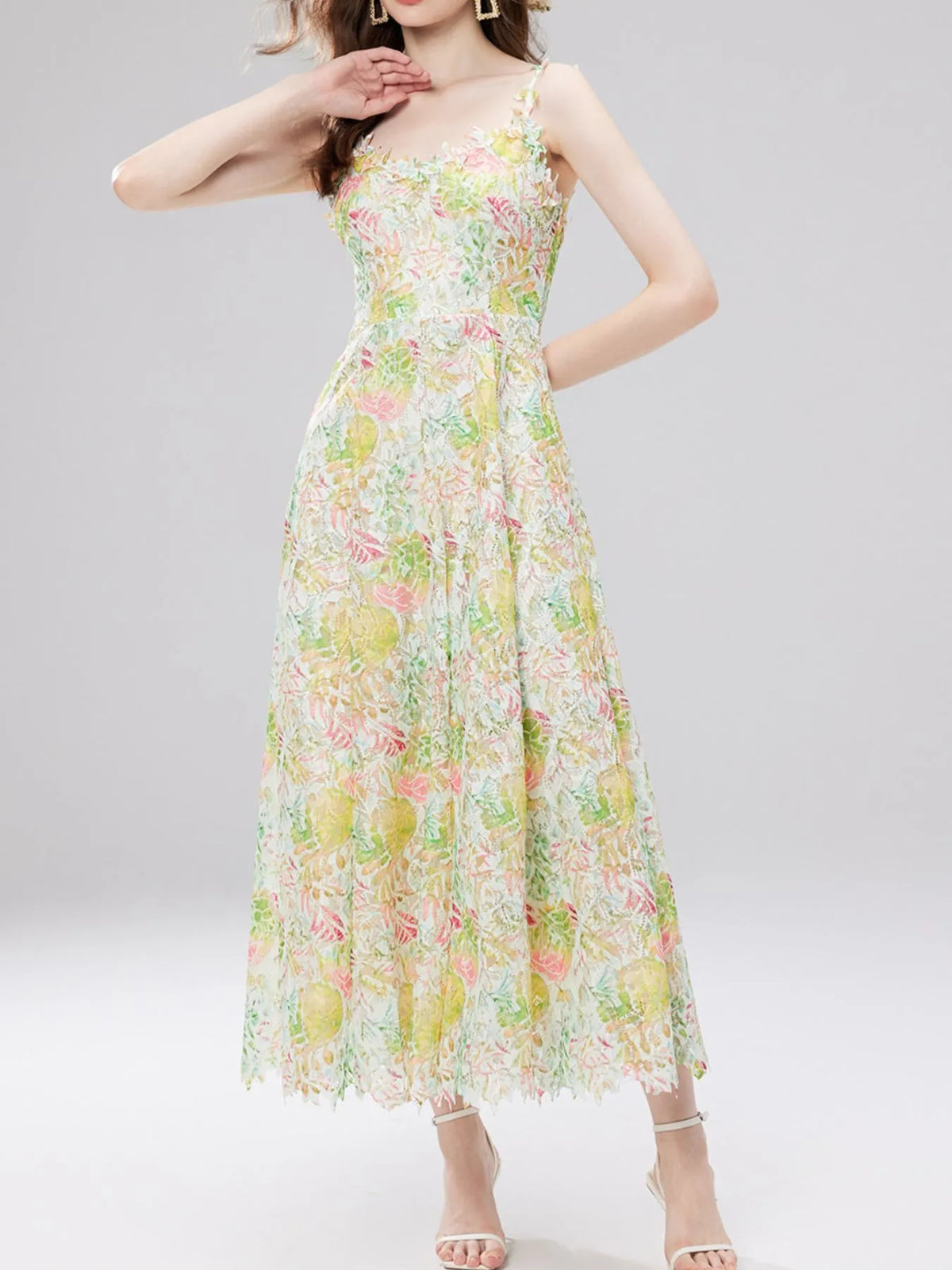 Floral Lace Sleeveless V Neck Midi Dress styled on model 16