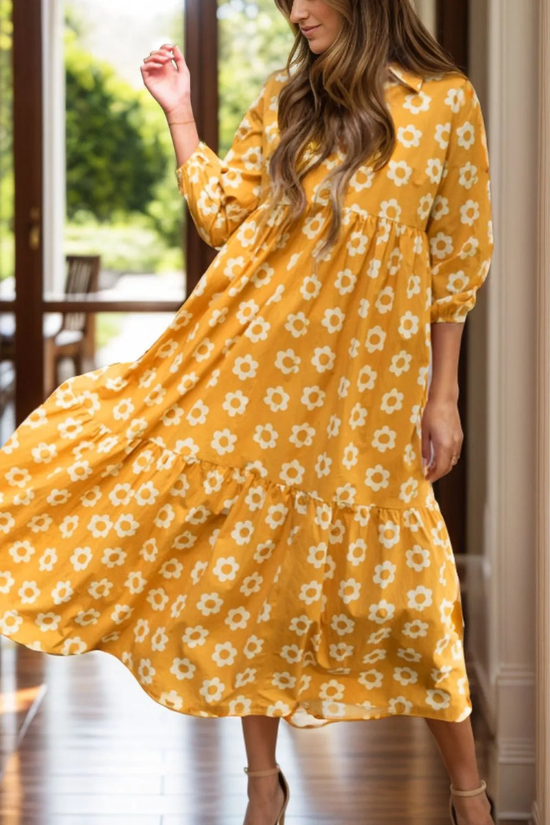 Floral collared three quarter sleeve dress front view