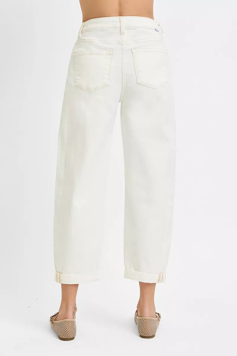 RISEN cream cropped denim full length
