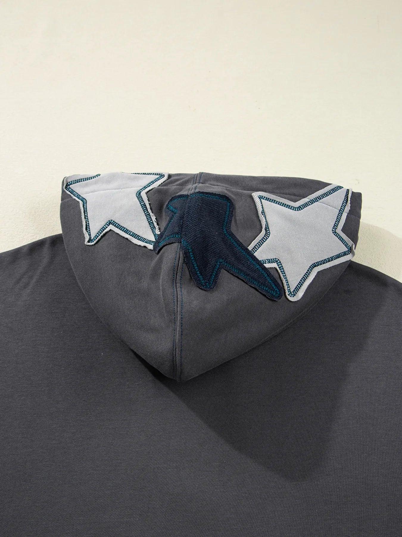 Star Patchwork Contrast Stitching Mineral Wash Kangaroo Pocket Hoodie - Fashorio