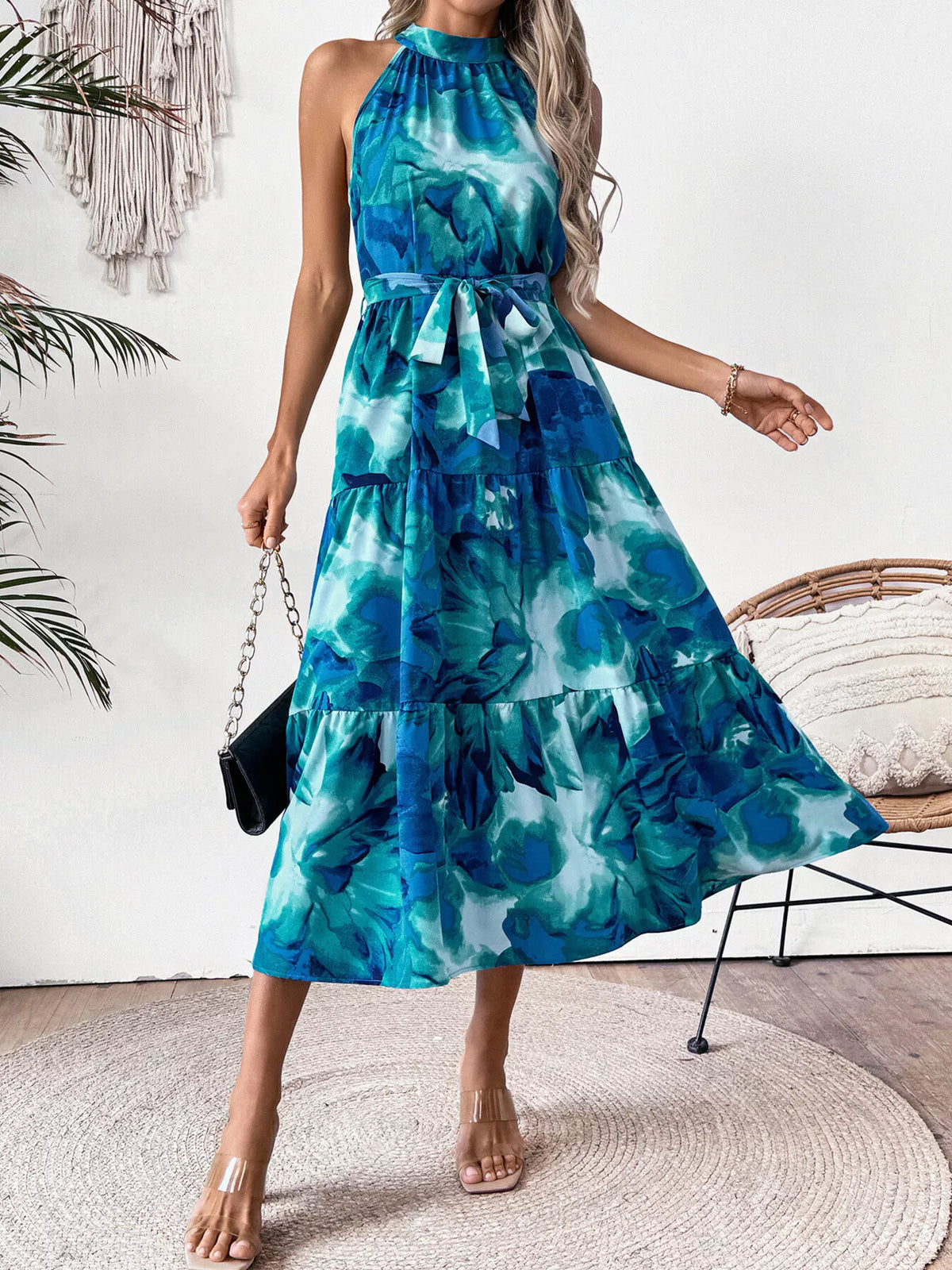 Blue floral tie waist tiered midi dress side view