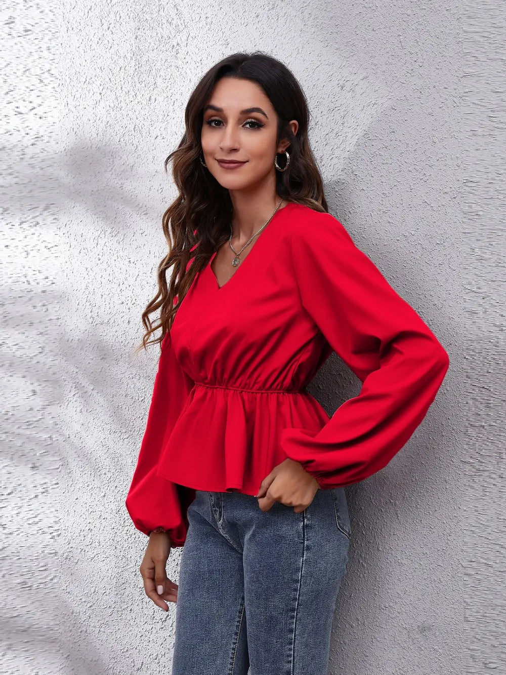 V-Neck Balloon Sleeve Peplum Blouse - Fashorio