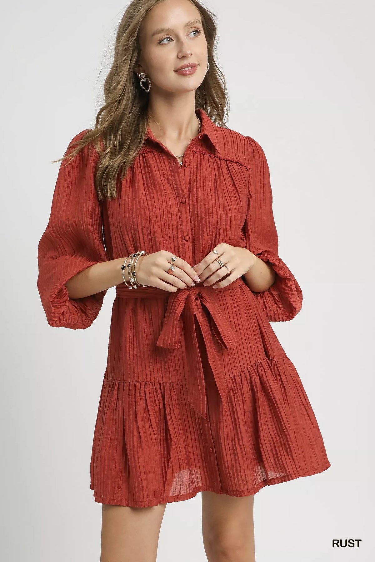 Crinkle Button Front Tiered Mini Dress in Rust