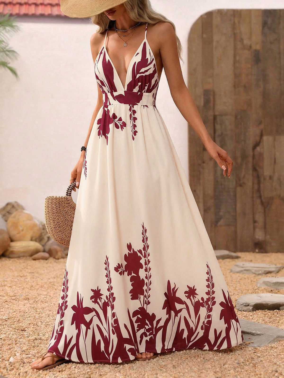 red deep v neck spaghetti strap maxi dress front view