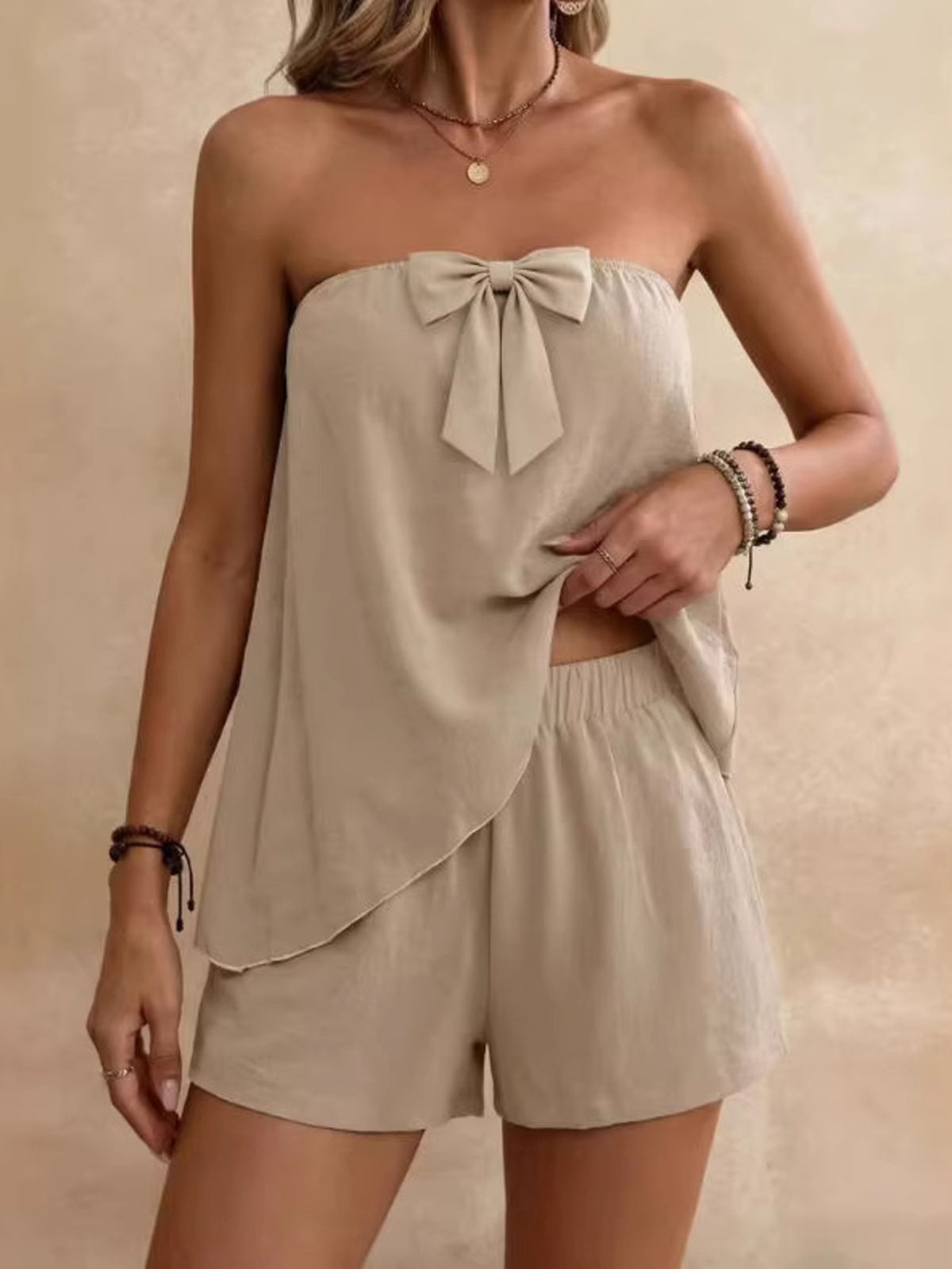 Bowknot tube two piece shorts set styled look