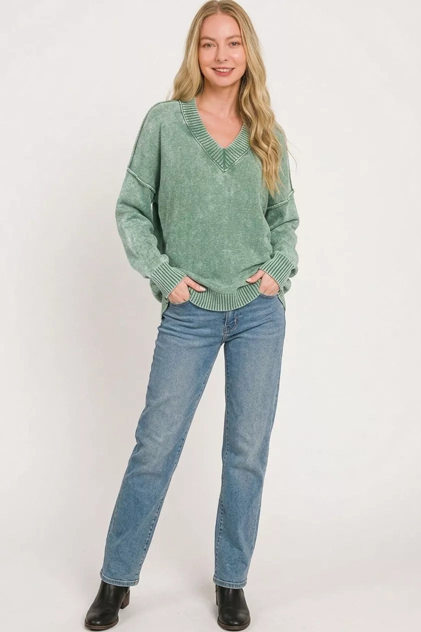Deep V-neck ribbed sweater texture detail
