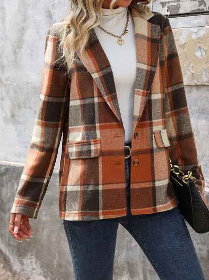 Perfee Plaid Button Down Lapel Collar Blazer - Fashorio
