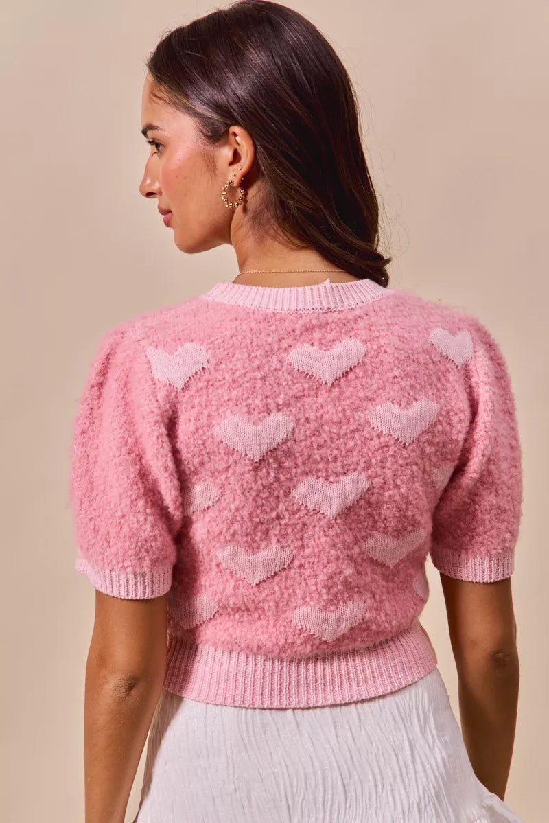 All Over Heart Cropped Sweater in Pink on model