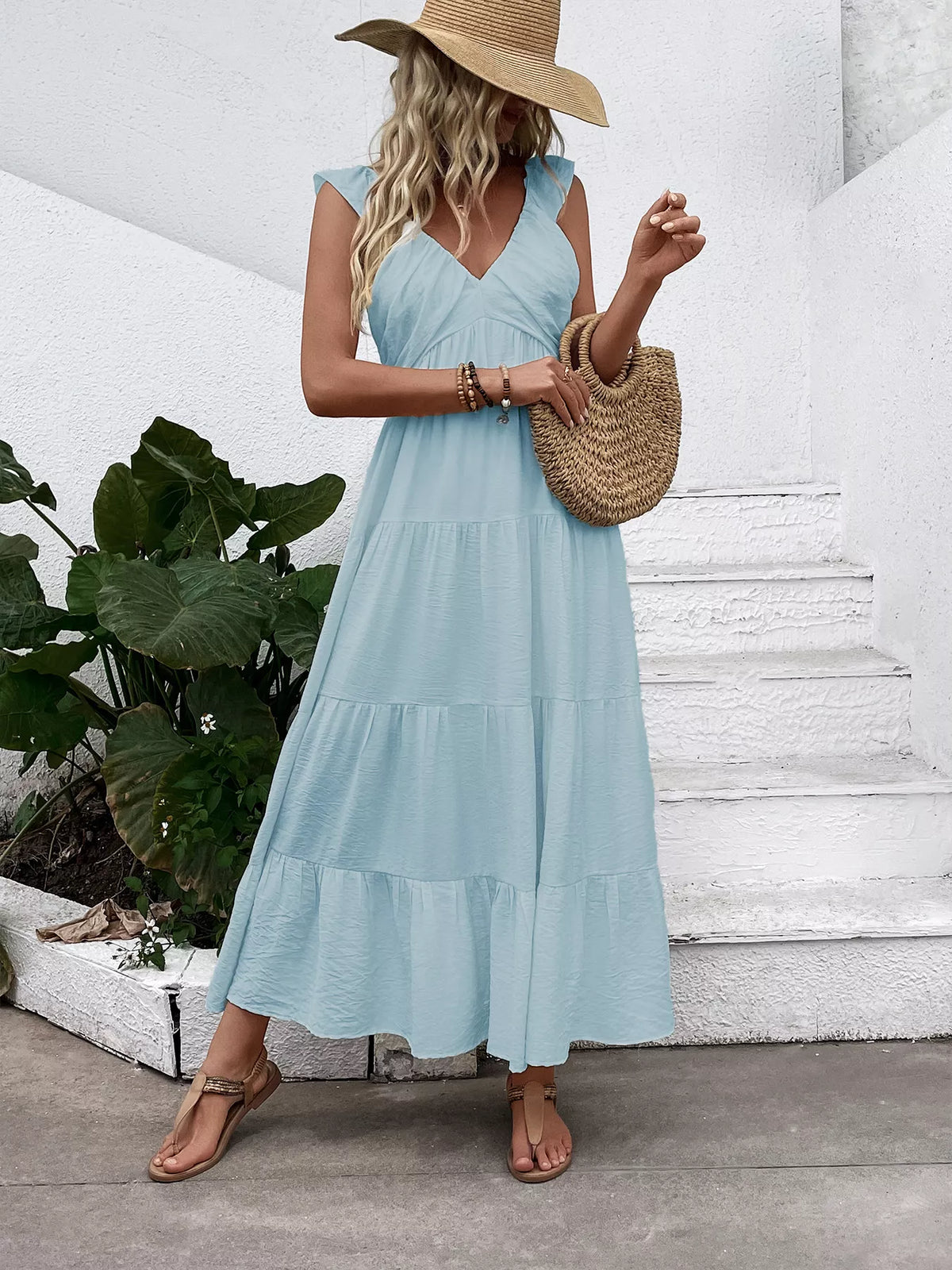 V neck tiered flutter sleeve maxi dress front view