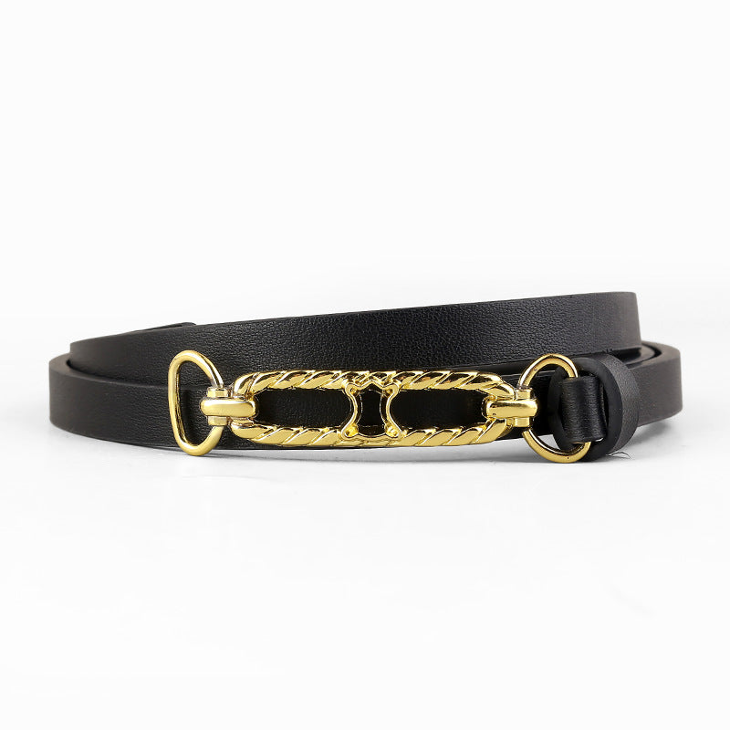Gold buckle skinny belt front view