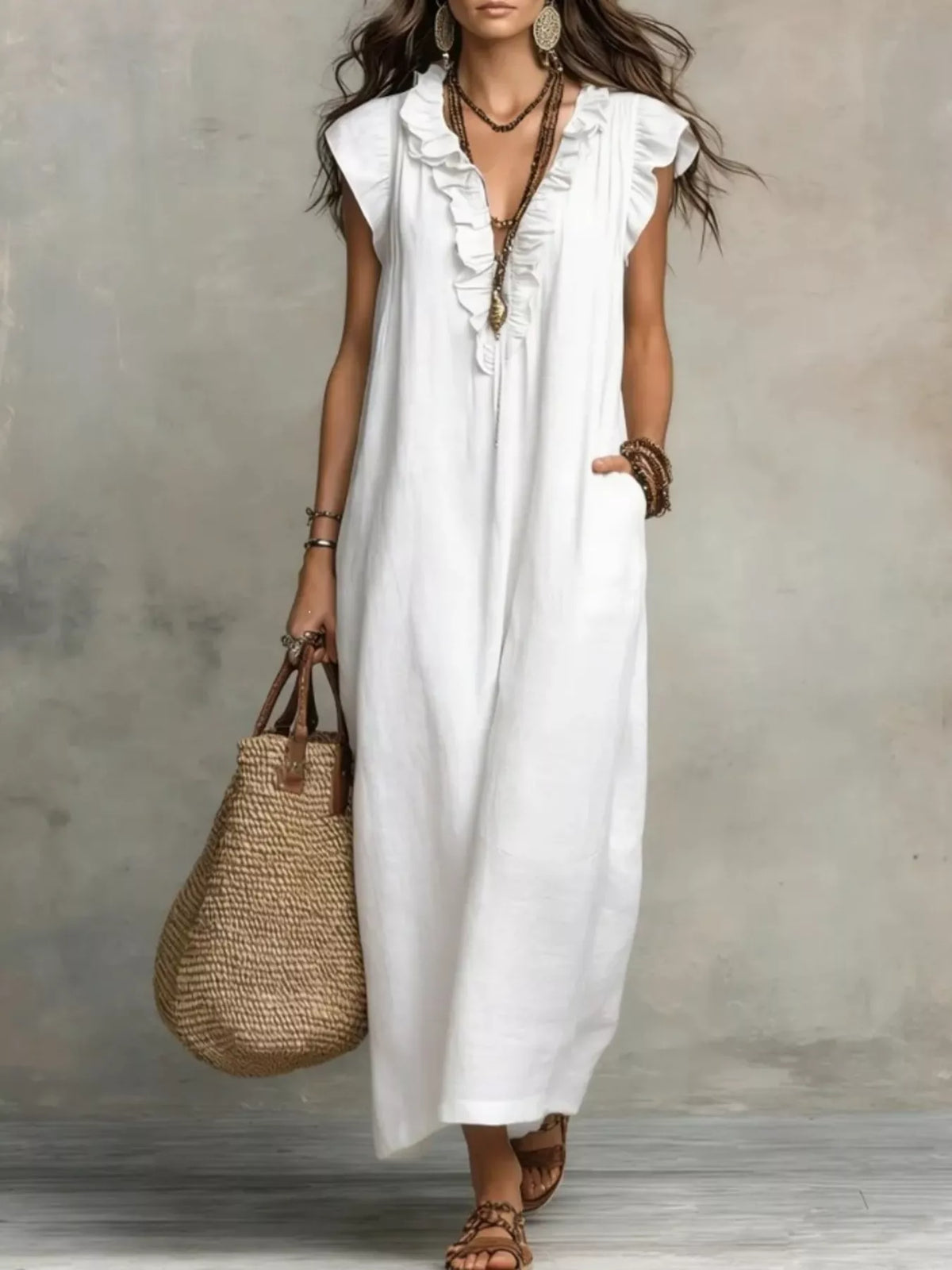Belinda ruffled V neck maxi dress, front view