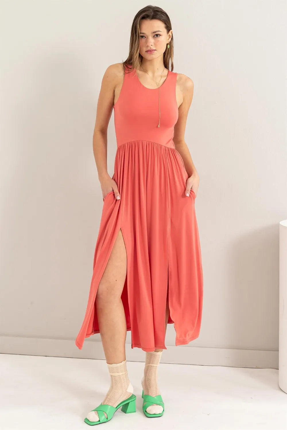Sleeveless Slit Midi Dress in Spiced Coral