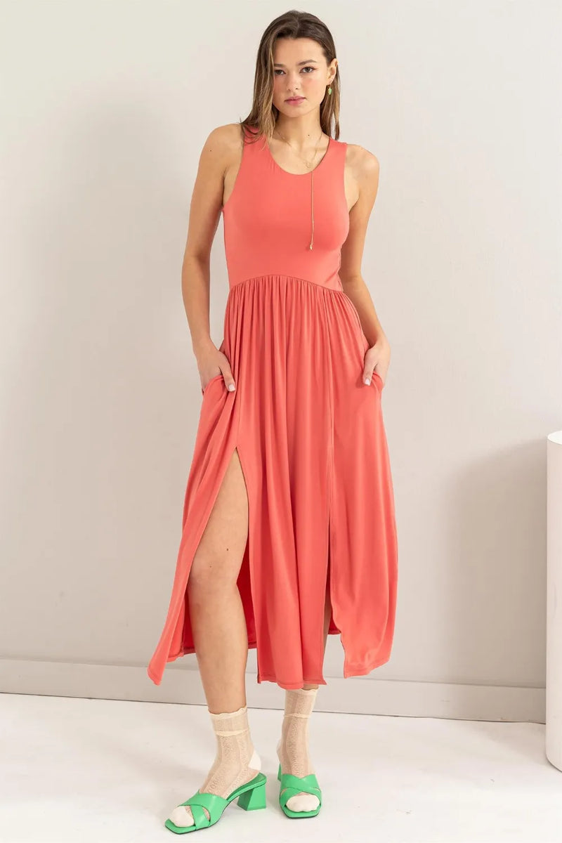 Sleeveless Slit Midi Dress in Spiced Coral