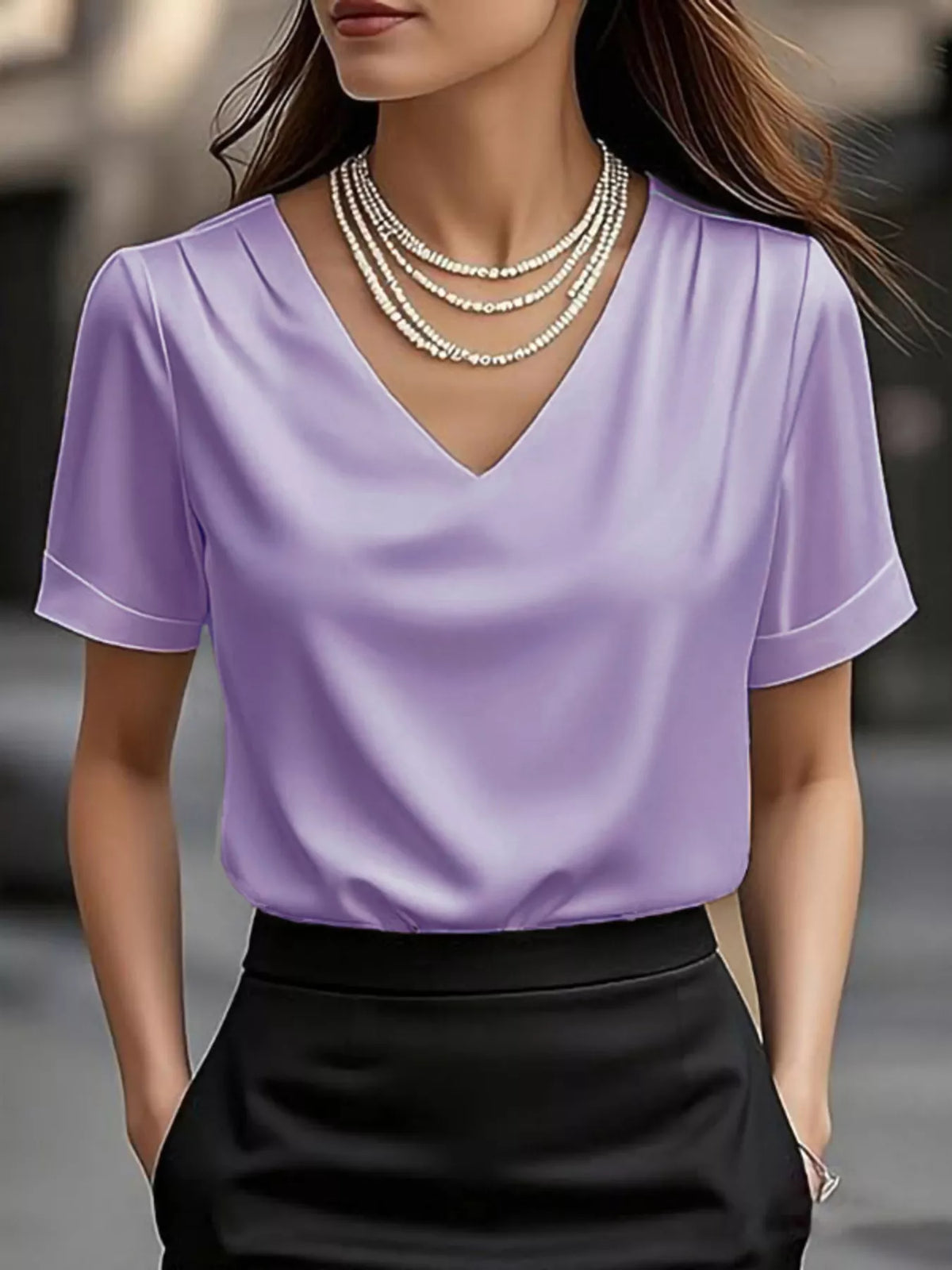 Satin v neck short sleeve blouse fabric texture view