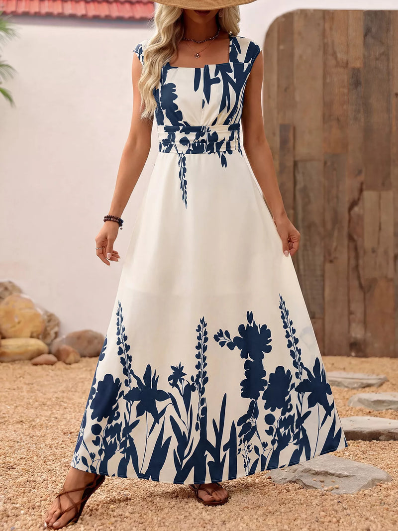 blue printed square neck maxi dress front view