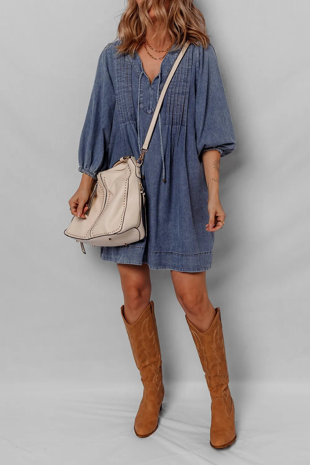 Tie Neck Long Sleeve Mini Denim Dress - Fashorio