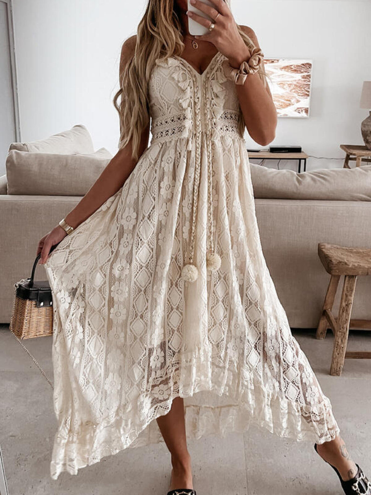Ruffled lace v neck maxi dress front view