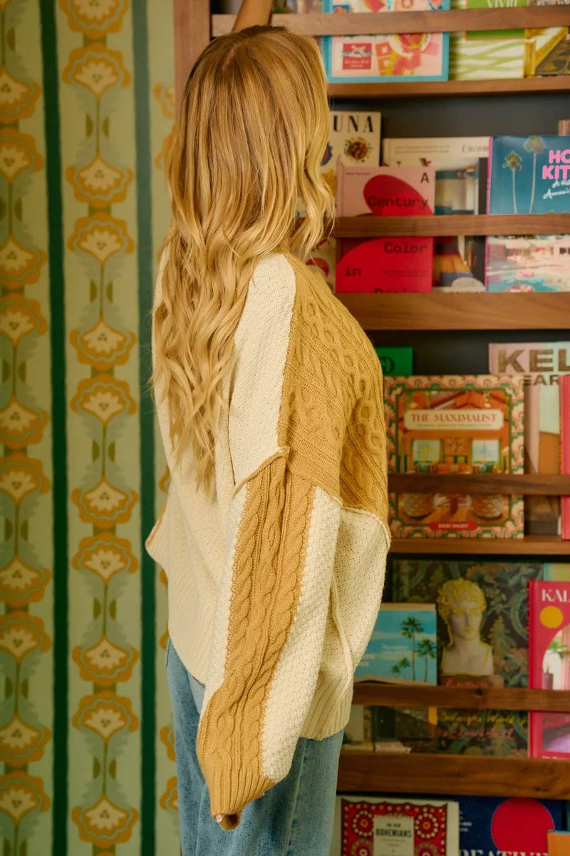 Cable Knit Uneven Hem Sweater in Mustard and Ivory view 14
