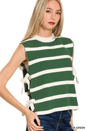 Zenana Side Tie Stripe Sweater Vest DK GREEN - Fashorio