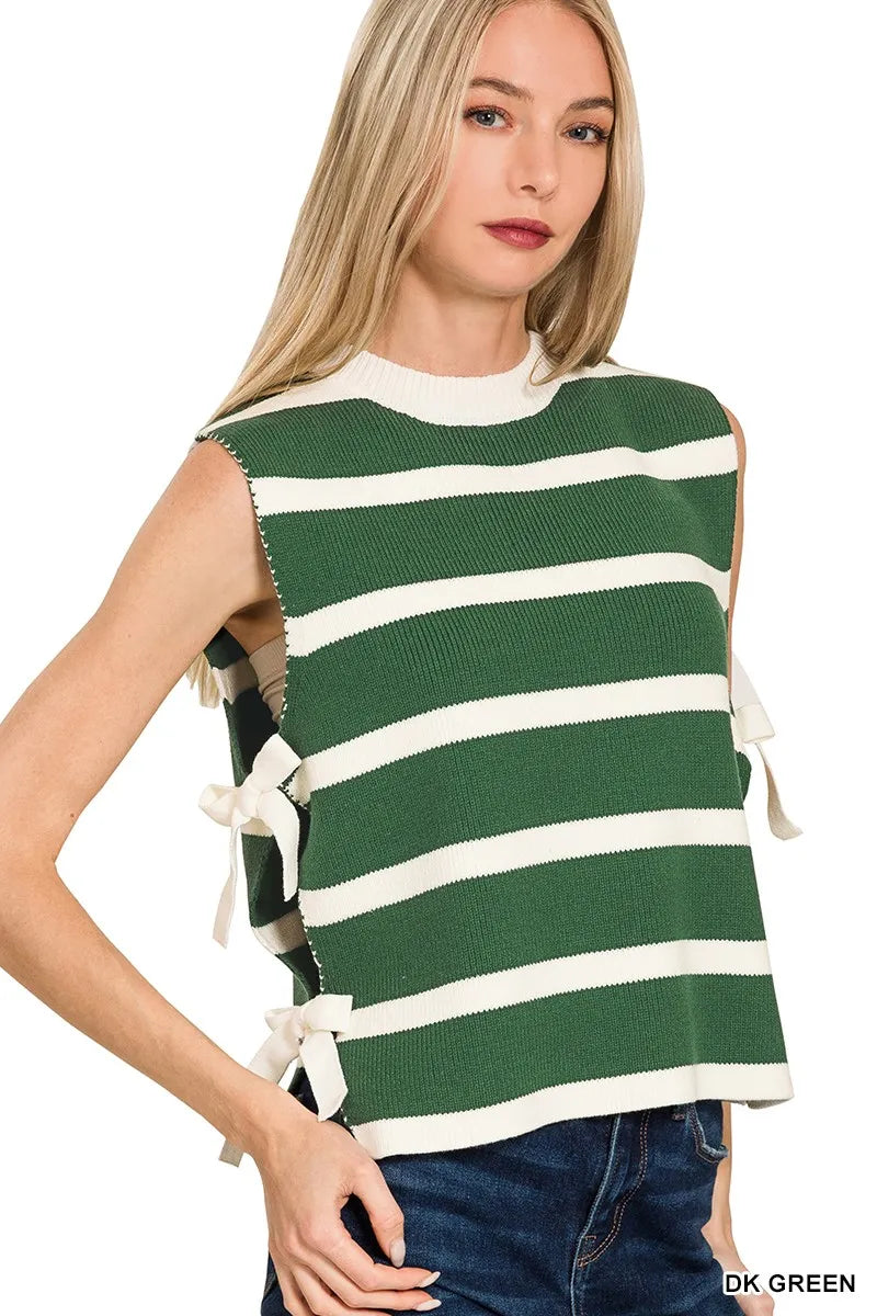 Zenana Side Tie Stripe Sweater Vest DK GREEN - Fashorio