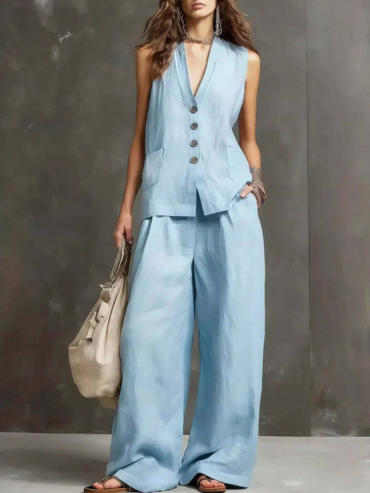 Close up of the buttoned vest placket